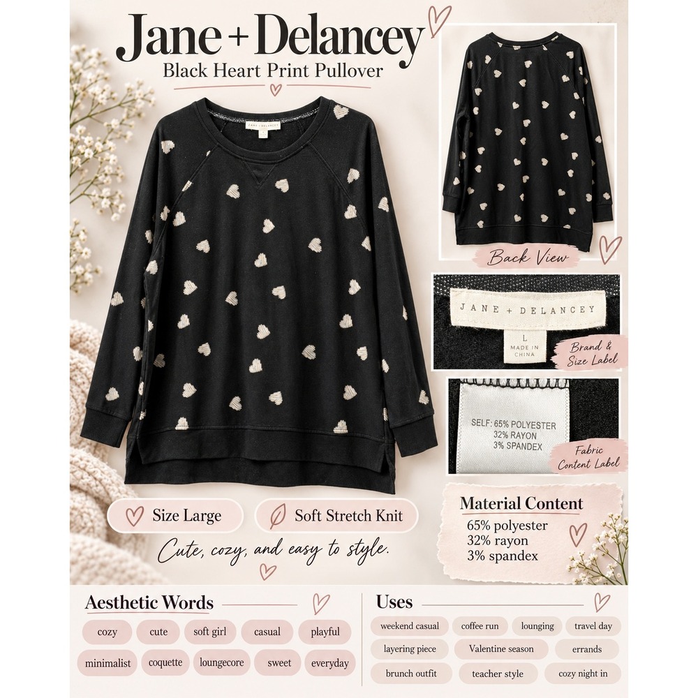 Black Heart Embroidered Sweatshirt Large Raglan Jane Delancey High Low Hem